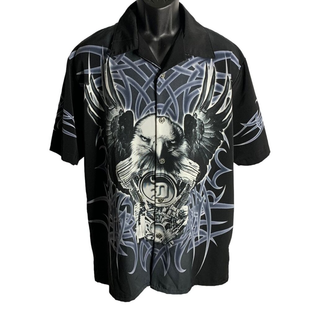 Vintage Dragonfly Roadhouse Button Up Club Shirt L Black Eagle AOP Short Sleeves